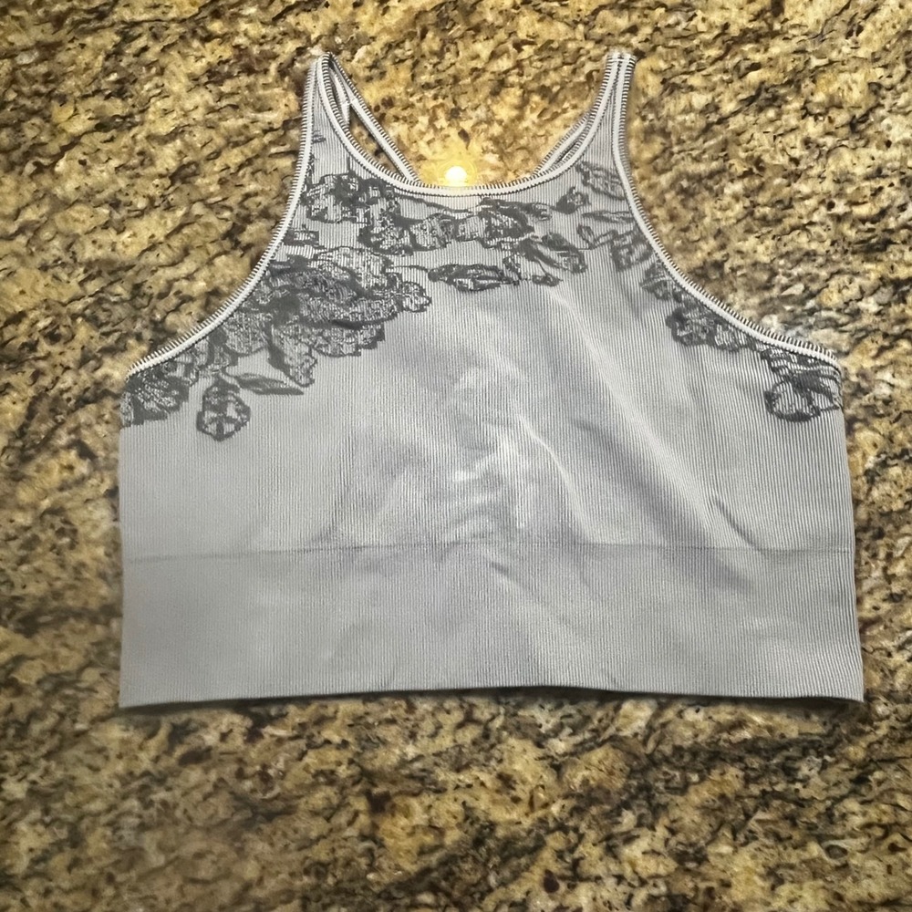 Athleta Aurora Crop Tank XL Grey White Striped Floral Seamless Ribbed Strappy